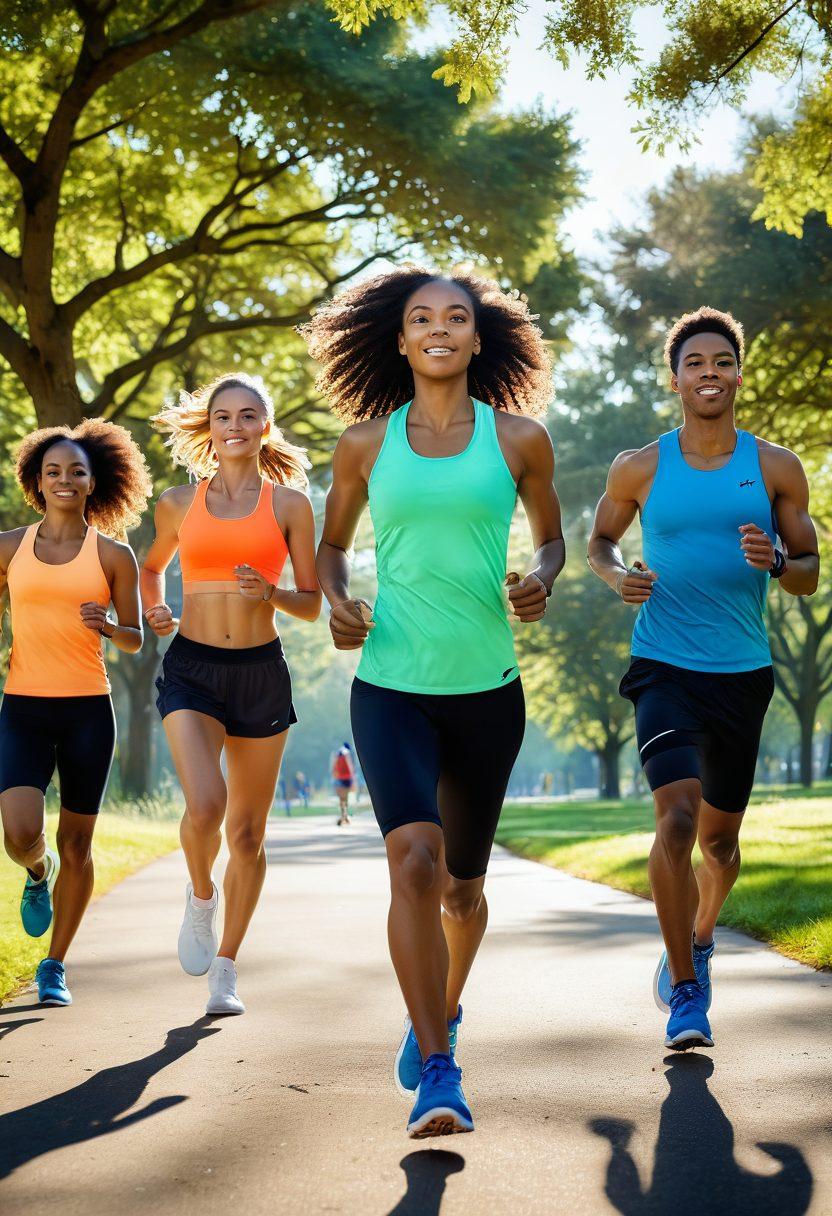 A dynamic scene featuring diverse athletes in stylish athletic apparel, running through a sunlit park. Include accessories like fitness headphones, water bottles, and smartwatches, highlighting variety and functionality. The background should depict a vibrant, inviting landscape with trees and a clear sky to invoke a sense of energy and motivation. Capture the essence of movement and dedication. super-realistic. vibrant colors. natural light.