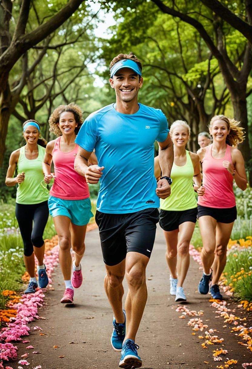 A vibrant scene of diverse runners of all ages and backgrounds joyfully traversing through a scenic park with colorful flowers and trees, depicting camaraderie and fitness. Include a backdrop of a world map emphasizing global connections and various running gear scattered around. Overlay whimsical text 'Run Happy!' in bold, playful letters. super-realistic. vibrant colors. dynamic composition.