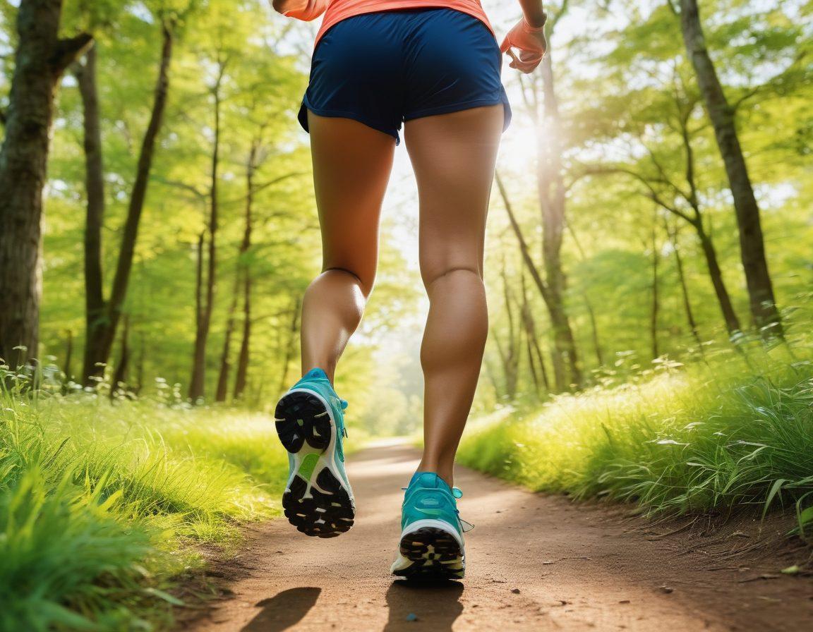 A vibrant scene showcasing an array of colorful running gear—shoes, apparel, and accessories—against a sunny background with a cheerful runner in motion. Include lush green park scenery with trees and a clear blue sky, symbolizing vitality and happiness. Highlight inspiring slogans like 'Run Happy' on some items. Capture the essence of energy and wellness. super-realistic. vibrant colors. white background.
